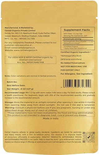 CARMEL ORGANICS Organic Ashwagandha Root Powder (8 Oz or 227g/0.5 Lbs) USDA Certified. Lab Tested, Non GMO & Gluten Free | Withania Somnifera from India
