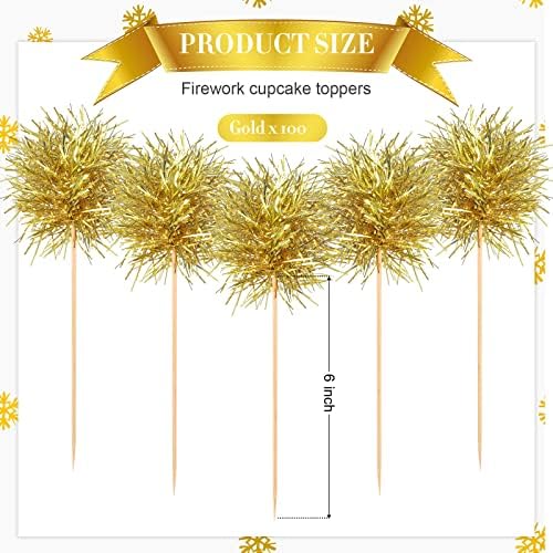 Chinco 100 Pcs Foil Firework Cupcake Toppers Gold Sparkle Tinsel Cake Toppers New Years Cake Decoration Cocktail Fruit Toothpick for Birthday Wedding Graduation Party