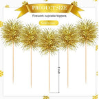 Chinco 100 Pcs Foil Firework Cupcake Toppers Gold Sparkle Tinsel Cake Toppers New Years Cake Decoration Cocktail Fruit Toothpick for Birthday Wedding Graduation Party