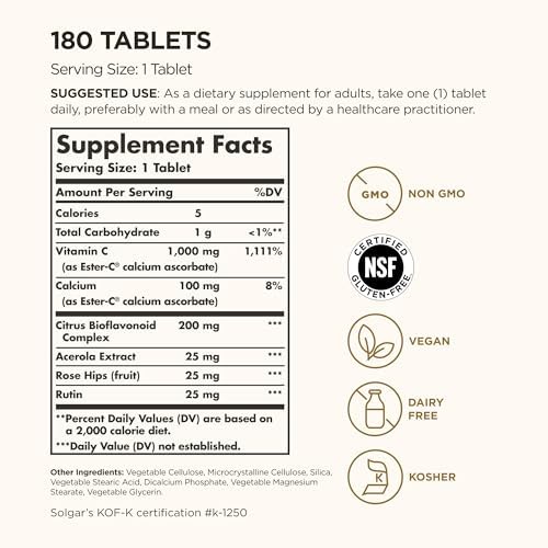 Solgar Ester-C Plus 1000 mg Vitamin C (Ascorbate Complex) - 180 Tablets - Gentle & Non Acidic - Supports Upper Respiratory Health - Non-GMO, Gluten-Free - 180 Servings