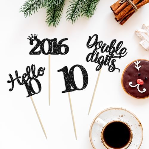 Gyufise 24 Pack Black Glitter Happy 10th Birthday Cupcake Toppers 10 Ten Hello 10 Double Dights Since 2016 Cupcake Picks for 10th Birthday Party Decorations