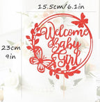 Welcome Baby Girl Cake Topper - Red Glitter Baby Shower Cake Decorations, Baby Girl Cake Decor, for Baby Shower/Birthday Party/Gender Reveal Party Photo Booth Props