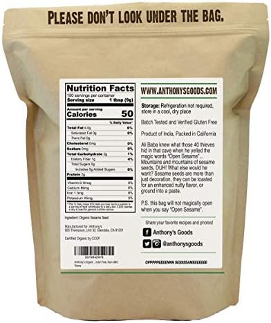Anthony's Organic Hulled Sesame Seeds, 2 lb, White, Raw, Gluten Free, Non GMO, Keto Friendly