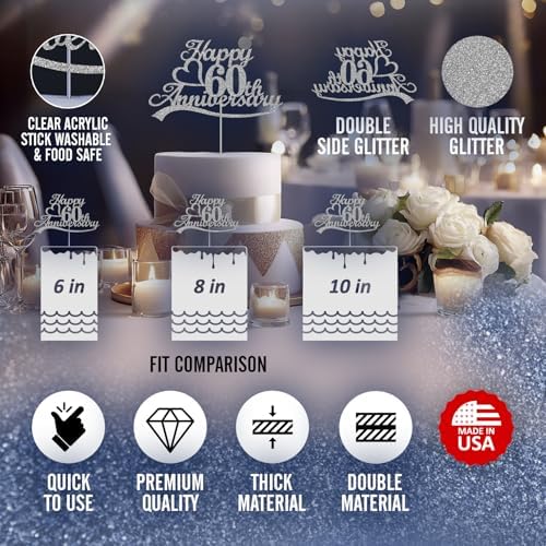 60 Anniversary Cake Topper Silver Glitter, Wedding Anniversary Party Decoration Ideas, Premium Quality, Sturdy Doubled Sided Glitter, Acrylic Stick. Made in USA (60th Silver)