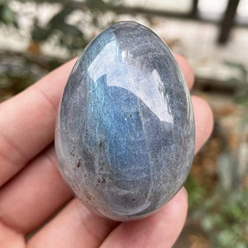 Fekuar Stone Egg Figurine, Polished Healing Crystal Easter Eggs Sphere Sculpture with Wood Stand, Moonstone, 1.8"