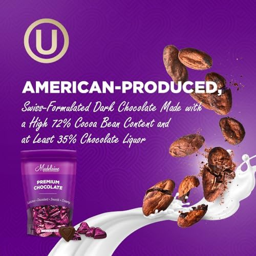 Madelaine Dark Chocolate Mini Hearts Candy – 72% Cacao Valentine’s Day Chocolates, Individually Wrapped in Burgundy Foil – 12 oz