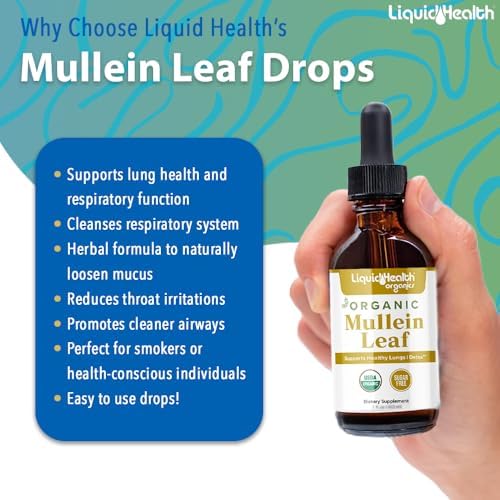 LIQUIDHEALTH USDA Organic Mullein Leaf Extract Drops for Lungs - Herbal Cleansing Drops for Smokers, Immune Support, Respiratory Health - 1000mg, 60-Day Supply, Sugar-Free, Made in USA (2 fl oz)