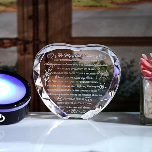 YWHL Best Friend Birthday Gifts with LED Base Crystal Heart Keepsakes Friendship Gifts for Women Best Gift Ideas for Bestie Friends Female BFF Gift for Her