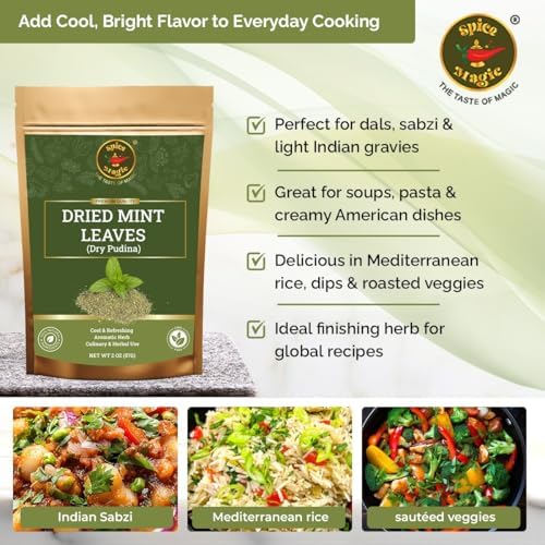 Spice Magic Dried Mint Leaves (Peppermint) 2oz (57g) Cut & Sifted | All-Natural Herb | Perfect for Teas, Salads, Sauces & Middle Eastern Dishes | 100% Natural, Vegan, Non-GMO I No Stems