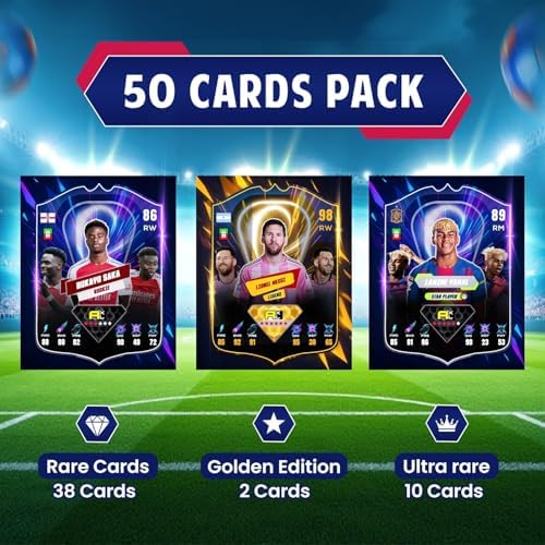 Soccer Trading Cards 2025–2026 | 50 Playing Cards Collection | Look for 10 Ultra Rare & 2 Golden Edition Cards | Random Premium Soccer Cards | Value Pack