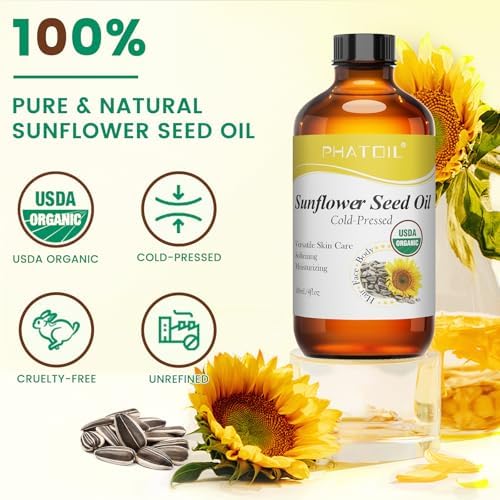 PHATOIL Organic Sunflower Seed Oil for Skin 118 ml (4 fl.oz), USDA Certified Organic, Cold Pressed Sunflower Oil in Glass Bottle for Hair, Body Moisturizer, Carrier Oil for DIY, Massage