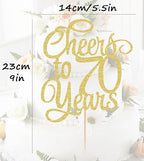 Cheers to 70 Years Cake Topper - Gold Glitter 70th Birthday Cake Decorating Supplies, Perfect for 70th Anniversary or Seventy Birthday Party, Photo Booth Props