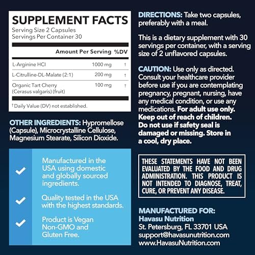 L-Arginine Capsules with L-Citrulline - Nitric Oxide Supplement - L Arginine and L Citrulline Blend - 60 Count - Vegan, Non-GMO Capsules for Performance, Endurance and Muscle Support - 1 Month Supply