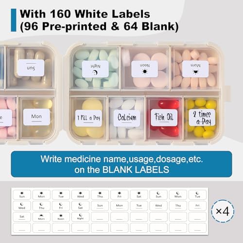 4 Pack, 14 GRIDS Travel Pill Organizer Box with Labels - Travel Medicine Case Kit - Pocket Daily Pharmacy Container - Travel Medication Holder Dispenser for Fish Oil Vitamin Supplement Storage