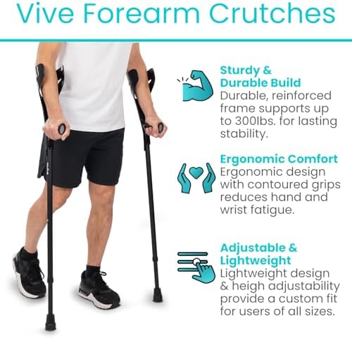 Vive Forearm Crutches (Pair) - Adjustable, Lightweight Arm Crutches Forearm for Adults - Ergonomic Arm Crutch Cuff and Comfortable Handles - Heavy Duty Crutches Non Slip Skid Replaceable Rubber Tips