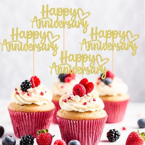 12Pcs Happy Anniversary Cupcake Toppers,Glitter Gold Wedding Anniversary Cupcake Toppers,for Party Celebration Wedding Anniversary