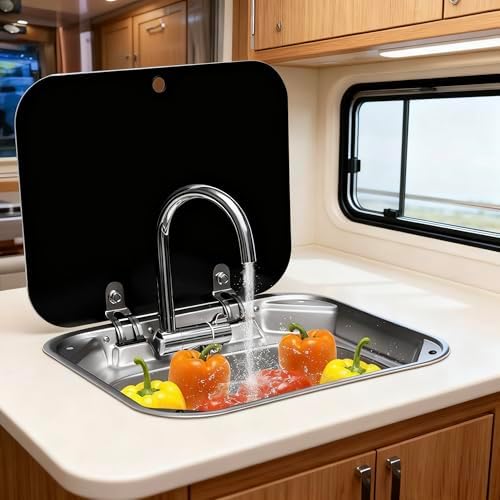 Folding RV Sink & Faucet Combo W/Lid, Bar Kitchen Sink 15 x 17 In Undermount Drop-in Sinks 304 Stainless Steel Single Bowl Workstation Sink Caravan Camper Van Boat Trailer Sink Hand Wash Basin