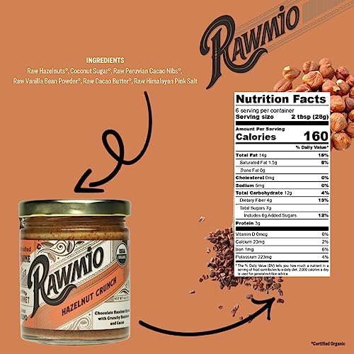 Rawmio Organic Hazelnut Crunch Spread, 6 oz. Jar, 6 Serving per Jar - Raw, Organic, Vegan, Gluten-Free
