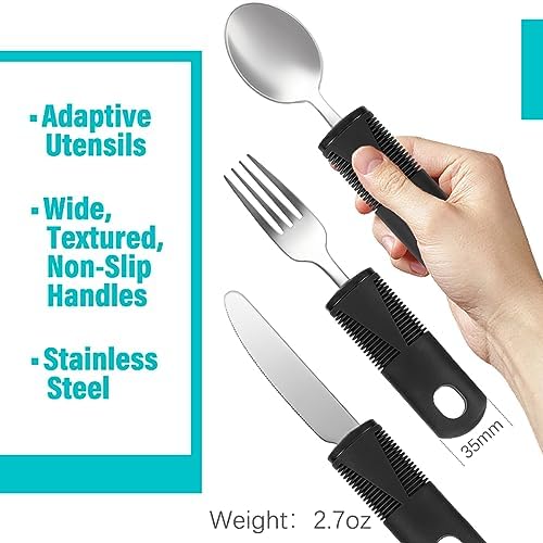 Nourislif Adaptive Utensils, Adaptive Utensils 3pcs for Hand Tremors,Elderly, Arthritis,Parkinsons-Built Up Utensils for Adults–Easy Grip Aids Handle–2.7oz Each Weighted Silverware for Hand Tremors