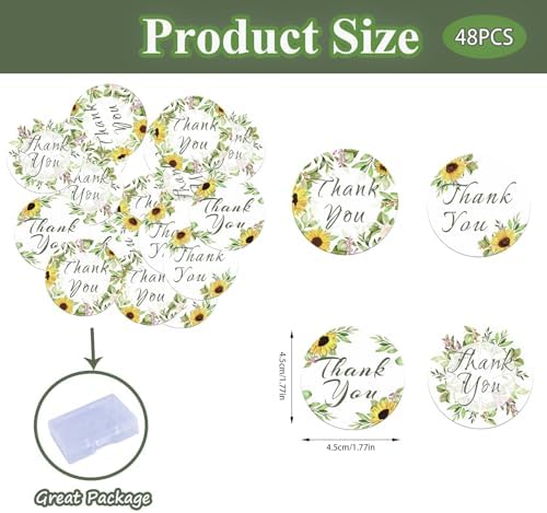 48 Pack Edible Sunflowers Thank You Cupcake Toppers Wafer Paper Floral Thank You Cupcake Picks Greenery Frames Wedding Baby Shower Thank You Cake Decor for Wedding Party Cake Decor Supplies
