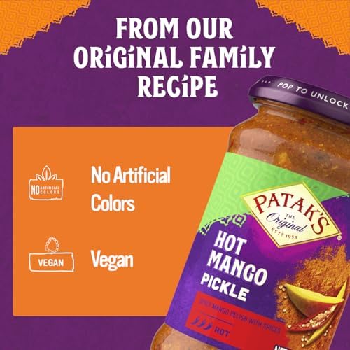 Patak’s Hot Mango Pickle - Authentic Indian Relish w/Mango Chunks, Mustard Seeds & Aromatic Spices – Perfect for Sandwiches, Salads & Cold Meats - Vegan Spicy Pickle - 10oz Jar (Pack of 1)