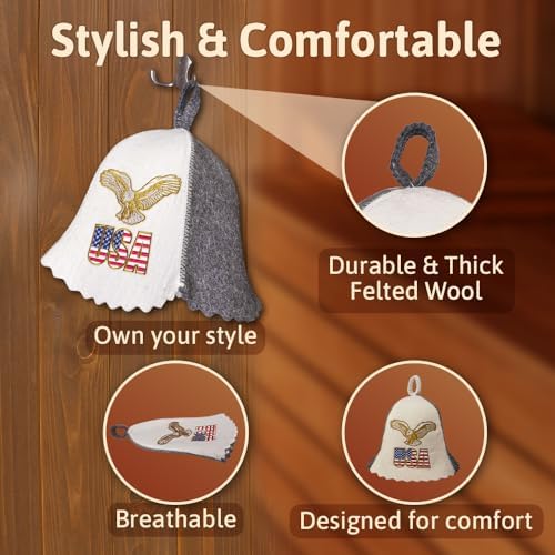 ASKOLD Wool Sauna Hat Embroidered USA Flag Sauna Cap Finnish Banya Hat for Men and Women Banya Cap for Women (Grey)