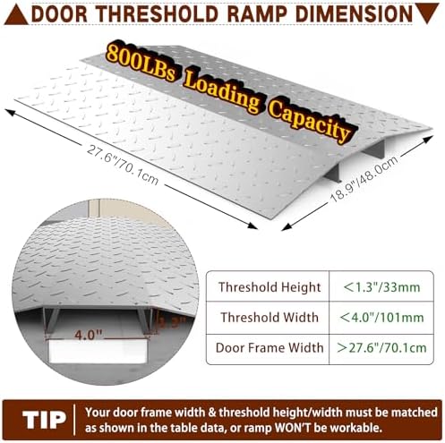 Door Threshold ramp 27.6" W*18.9" L, Metal Bridge Doorway Threshold ramp to go Over The Threshold for wheelchairs/Scooters/Walkers(800LBs Capacity, 27.6"/70cm)