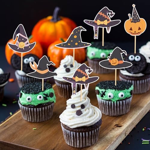 24pcs Witch Hat Cupcake Toppers Halloween Party Decorations Halloween Witch Hat Theme Cake Decorations for Birthday Party Baby Shower Supplies