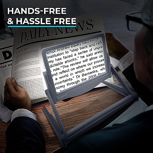MAGNIPROS Patented 5X Large LED Page Magnifier with Detachable Stand | Eye Caring 3 Color Light Modes & Anti-Glare Lens to Reduce Eye Strain-Ideal for Reading Fine Print, Crafting, Low Vision Seniors