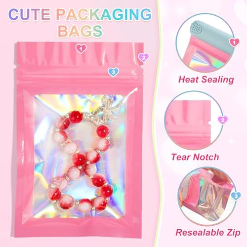 ANZNKU 100 Pieces Smell Proof Mylar Bags, Holographic Packaging Bag, Resealable Zipper Bag with Clear Window for Food Storage, Gift Bag for Easter Candy Jewelry Lash Lipgloss (Pink, 3 x 4.7 Inch)