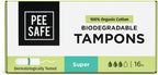 Pee Safe Biodegradable 100% Organic Cotton Tampons Super (Pack of 16) for Light to Medium Flow | Non-Applicator | Free of Chlorine Bleach & Dyes