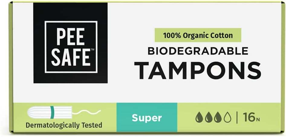 Pee Safe Biodegradable 100% Organic Cotton Tampons Super (Pack of 16) for Light to Medium Flow | Non-Applicator | Free of Chlorine Bleach & Dyes