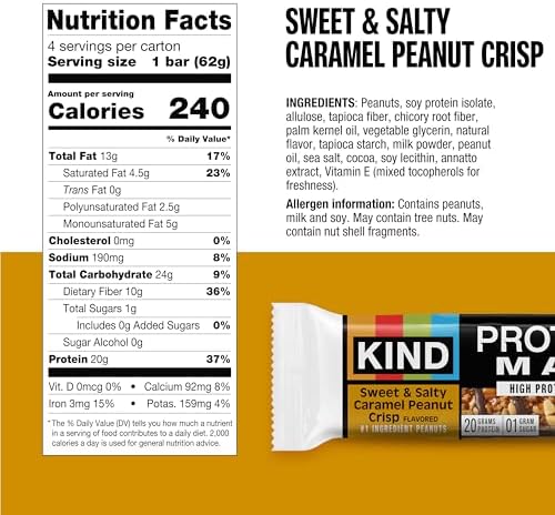 KIND Protein MAX Bars, Sweet & Salty Caramel Peanut Crisp, Gluten Free, Low Sugar, High Fiber Snacks, 20g Protein, 4 Count