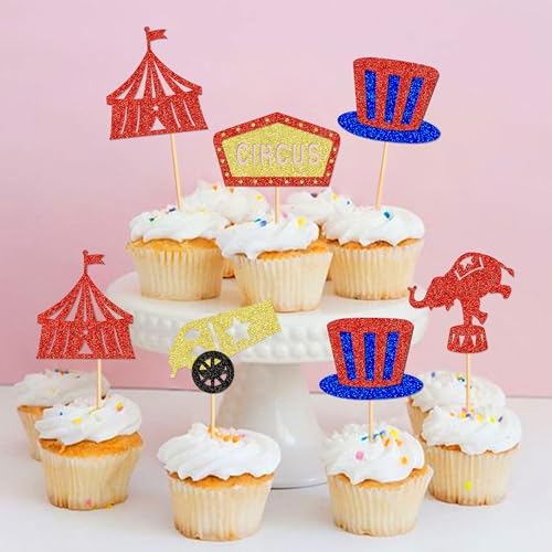 Ercadio 25 PCS Circus Cupcake Toppers Circus Animals Cupcake Picks Magic Hat Elephant Horse Cake Decorations for Carnival Theme Baby Shower Kids Birthday Party Decor Supplies