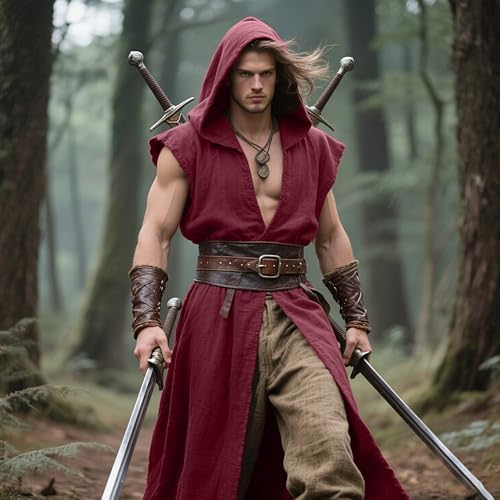 L'VOW Men's Medieval Hooded Surcoat Renaissance Tabard Sleeveless Tunic Cloak Viking Costume Holloween Assassin Cosplay
