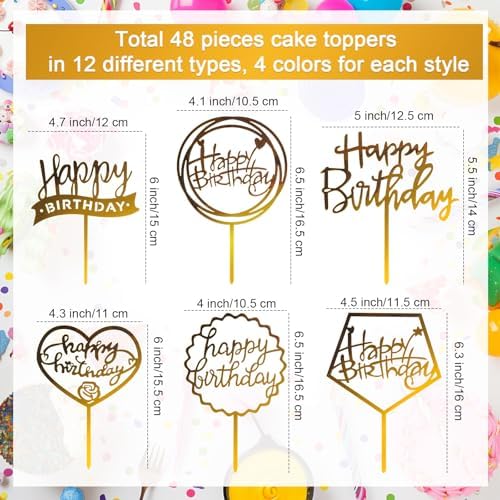 Jetec 48 Pcs Acrylic Happy Birthday Cake Topper - Gold, Black, Rose Gold, Silver - Cupcake Topper, Sign, Cake Pick for Party Desserts & Pastries