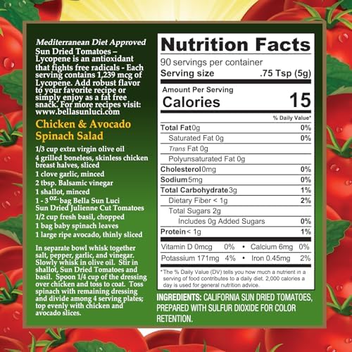 Bella Sun Luci Sun Dried Tomatoes Julienne Cut, Mediterranean Style Sun-Ripened Tomatoes, Kosher, Vegan, Gluten-Free, Premium Ingredient for Pasta, Pizza, Salads, Sandwiches & Appetizers