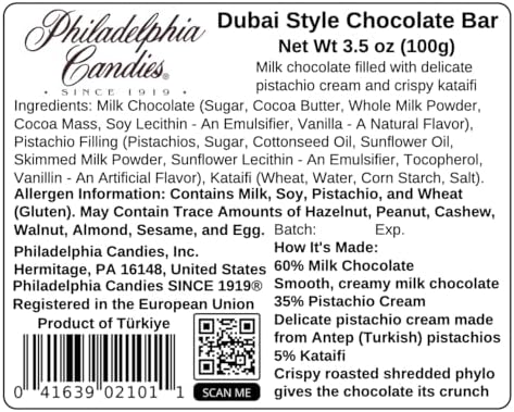 Philadelphia Candies Dubai Style Chocolate Bar, 34% Cocoa Milk Chocolate, 3.52 Ounce (2026 Release)