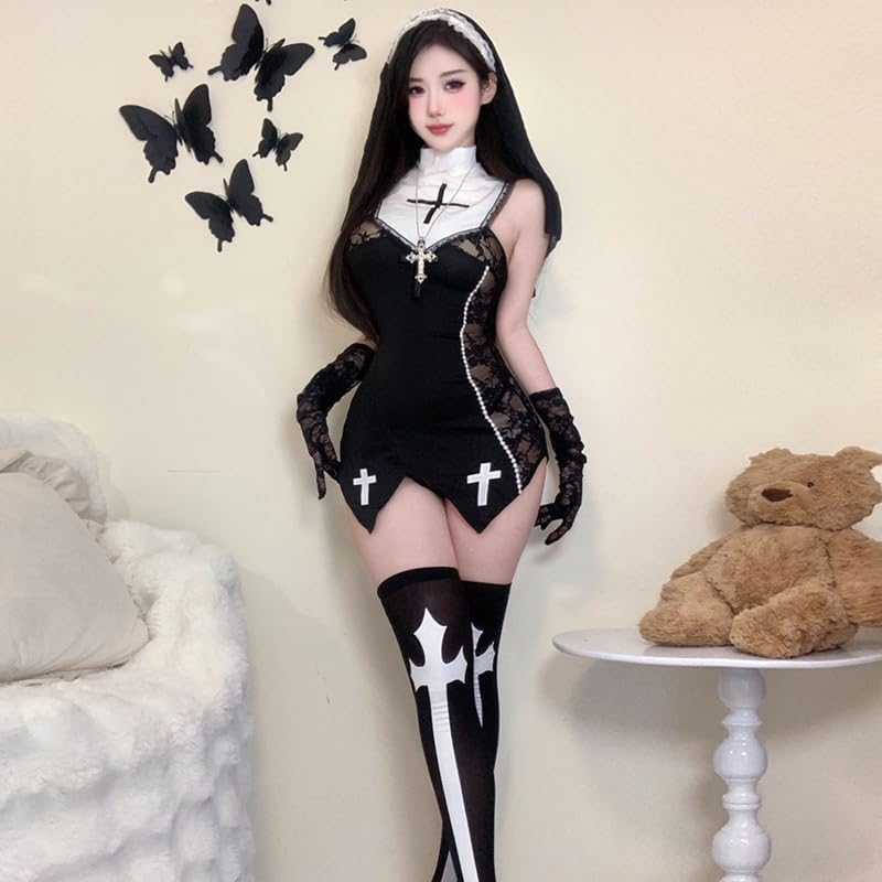 Women Sexy Nun Costume Woman Cosplay Nun Lingerie Halloween Anime Maid Outfit Sexy Lace French Maid Dress Role Play Fancy Dress Black