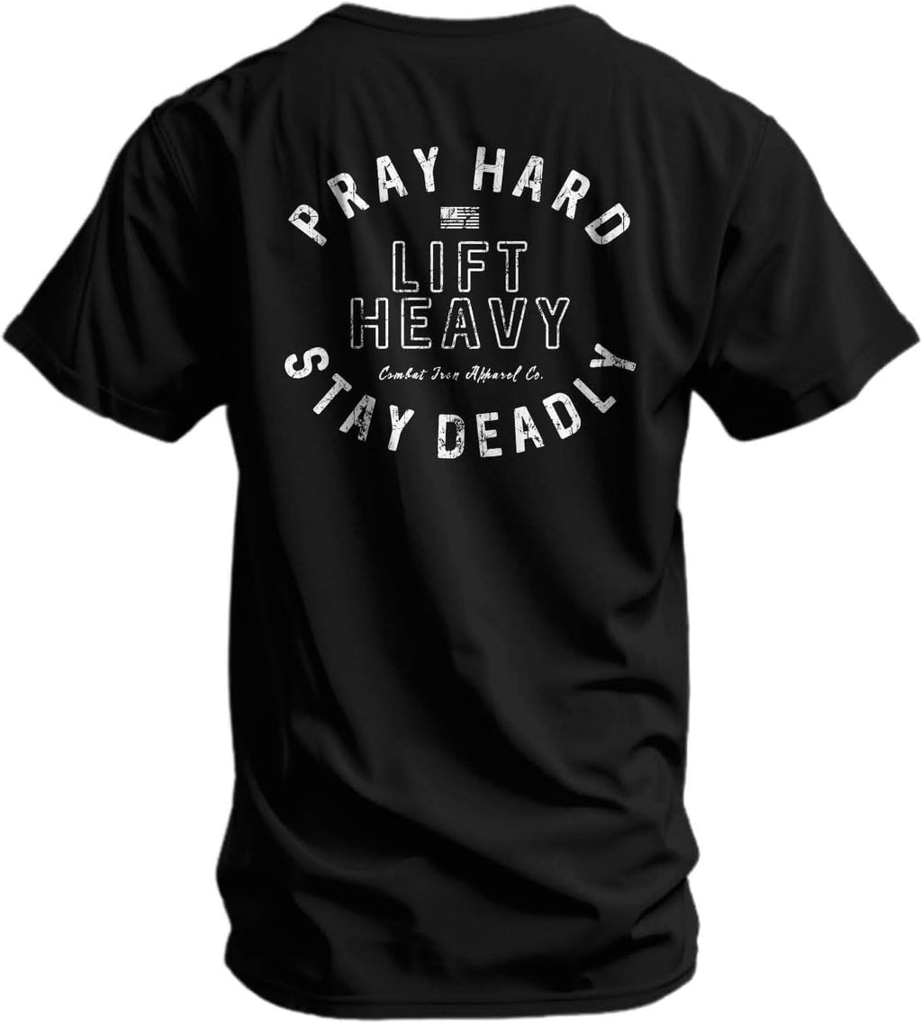 Combat Iron Men's Graphic T-Shirt | Pray Hard Lift Heavy Stay Deadly | Athletic Fit, Tagless Comfort