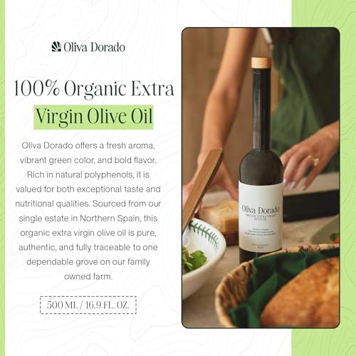 Oliva Dorado Organic Extra Virgin Olive Oil, 100% Unrefined & Cold Pressed, Made from Polyphenol Rich Arbequina Olives, Single Origin, Early Harvest Spanish Olive Oil, EVOO Glass Bottle (500mL)