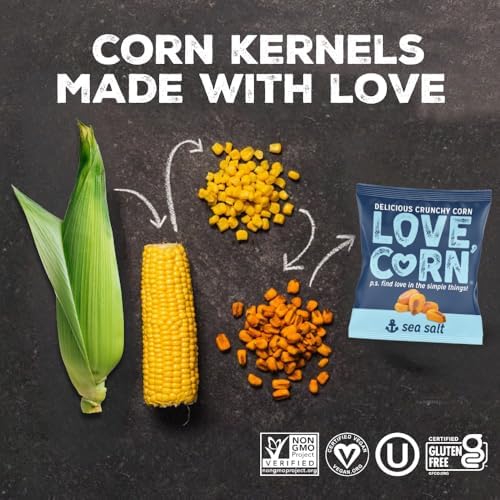 LOVE CORN Fab Four Sea Salt, BBQ, Salt & Vinegar, Hot Spicy | Delicious Crunchy Corn Snacks | .07oz x 20 Gluten Free, Vegan Bags | Convenient for Lunch Boxes, Commuting & Office Snacks