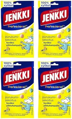 Cloetta Jenkki Xylitol Strawberry Tutti frutti Banana Chewing gum 4 Pack of 75g