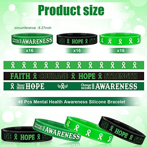 Sosation 48 Pcs Mental Health Awareness Bracelet Gifts Items Green Mental Faith Courage Hope Silicone Motivational Bracelets for Men Women