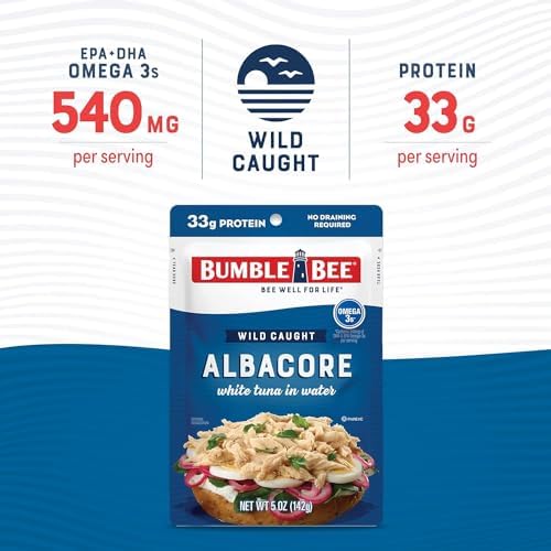 Bumble Bee Chunk White Albacore Tuna in Water, 5 oz Pouch - Ready to Eat Wild Caught Tuna Packet - 33g Protein per Pouch, High in Omega-3s - Non-GMO, Gluten Free, Kosher