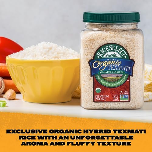 RiceSelect Organic Texmati White Basmati Rice, Premium Non-GMO Gluten-Free Long-Grain White Rice, 32-Ounce Jar