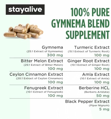 STAY ALIVE Gymnema Sylvestre 25:1 Extract, 120 Capsules with Bitter Melon, Ceylon Cinnamon, Berberine, Turmeric, Ginger, Amla Powder and Fenugreek, Non-GMO & Gluten Free Gymnema Sylvestre Supplement