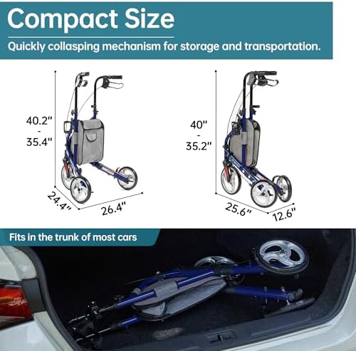 ELENKER 3 Wheel Walkers for Seniors, Three Wheeled Rollator with Storage Bag, Height Adjustable, Foldable, Narrow Rolling Walker, Blue