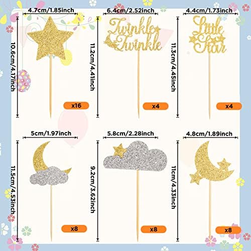 48 Pcs Glitter Little Star Cupcake Toppers Moon Cloud Cupcake Picks Twinkle Twinkle Little Star Baby Shower Decorations for Kids Birthday Wedding Party Cake Supply (Gold, Silver)