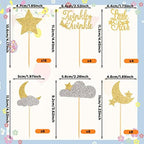 48 Pcs Glitter Little Star Cupcake Toppers Moon Cloud Cupcake Picks Twinkle Twinkle Little Star Baby Shower Decorations for Kids Birthday Wedding Party Cake Supply (Gold, Silver)